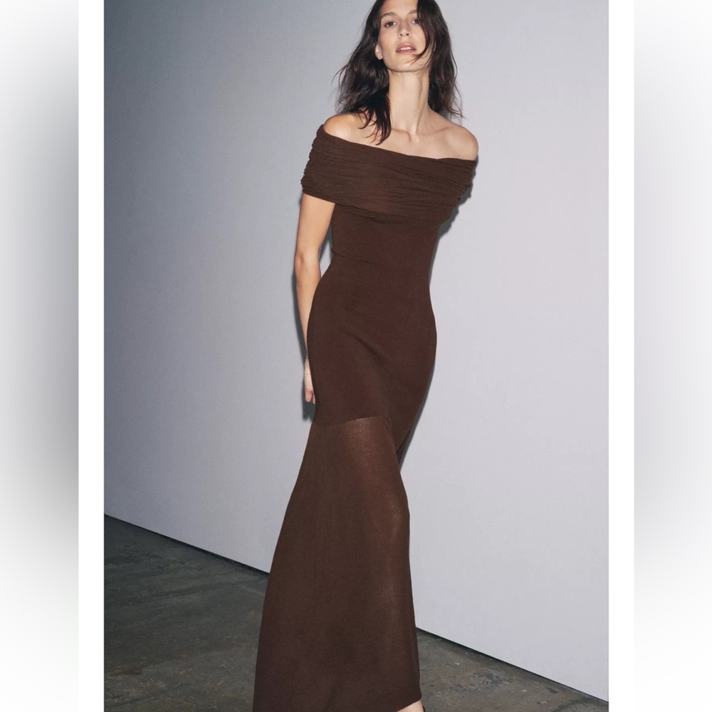 Zara Off-Shoulder Knit Maxi Dress Brown